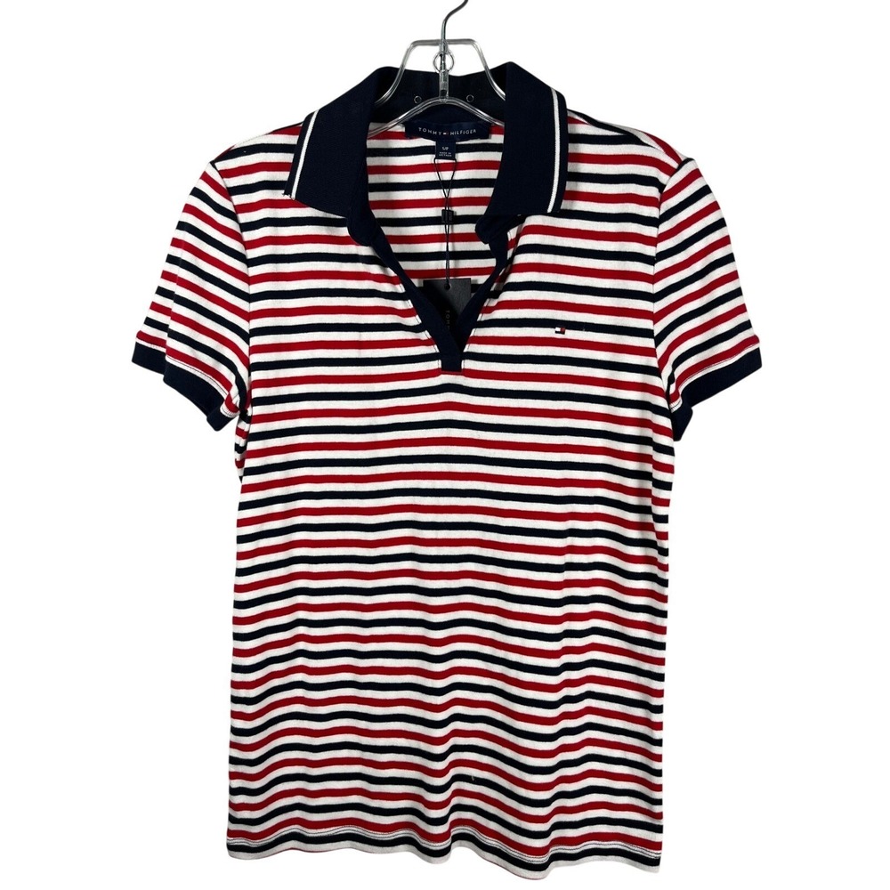 Tommy Hilfiger Women's Striped Polo Shirt Short Sleeve Navy Red White Size S